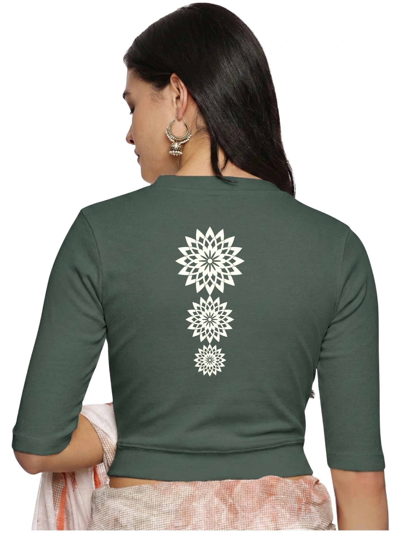 Women Back Printed Stretchable Elbow Sleeve RIB Blouse U0170 Khaki Green