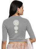 Women Back Printed Stretchable Elbow Sleeve RIB Blouse U0170 LT Steel Grey