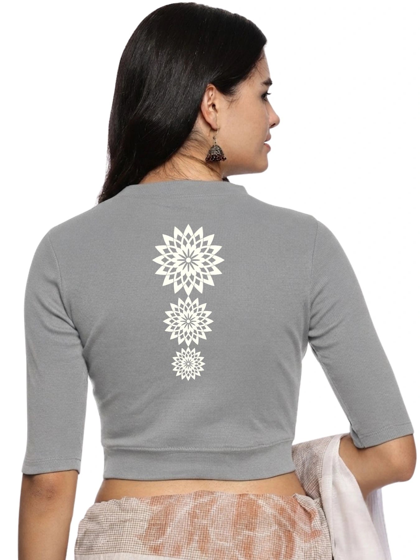 Women Back Printed Stretchable Elbow Sleeve RIB Blouse U0170 LT Steel Grey