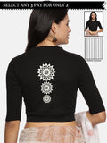 Women Back Printed Stretchable Elbow Sleeve RIB Blouse U0170 Black