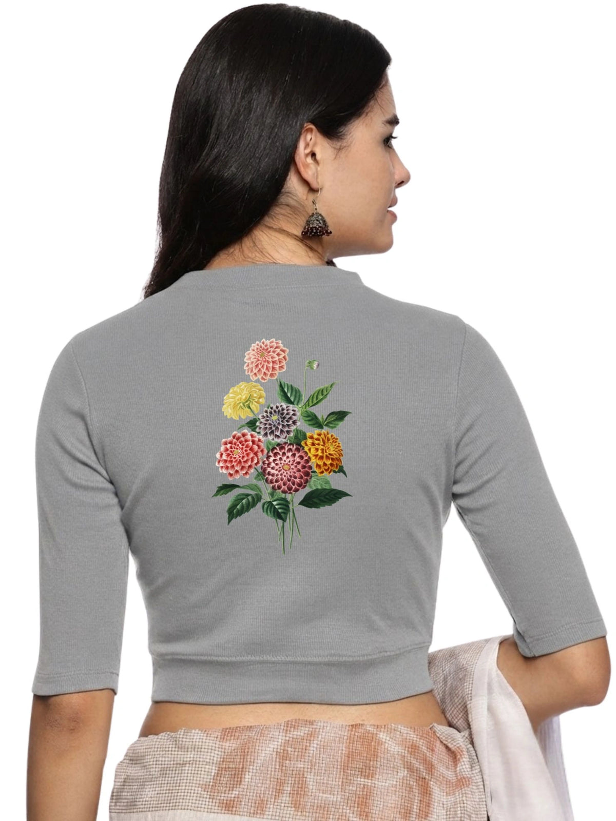 Women Back Printed Stretchable Elbow Sleeve RIB Blouse U0171 LT Steel Grey