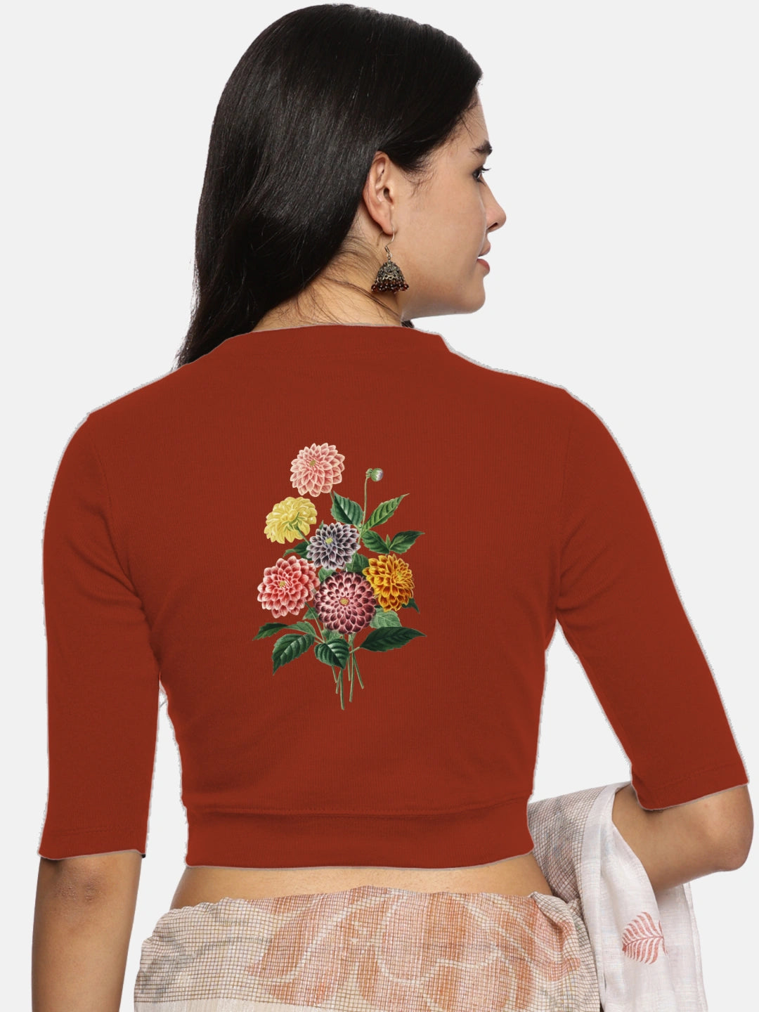 Women Back Printed Stretchable Elbow Sleeve RIB Blouse U0171 - notyetbyus