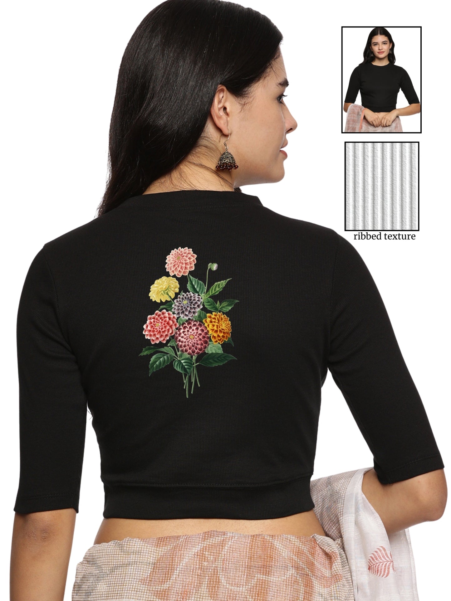 Women Back Printed Stretchable Elbow Sleeve RIB Blouse U0171 Black