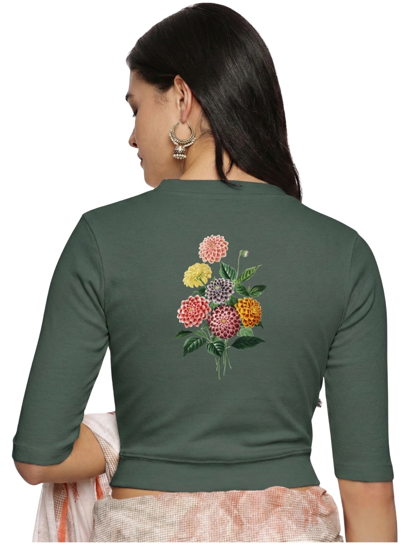 Women Back Printed Stretchable Elbow Sleeve RIB Blouse U0171 Khaki Green