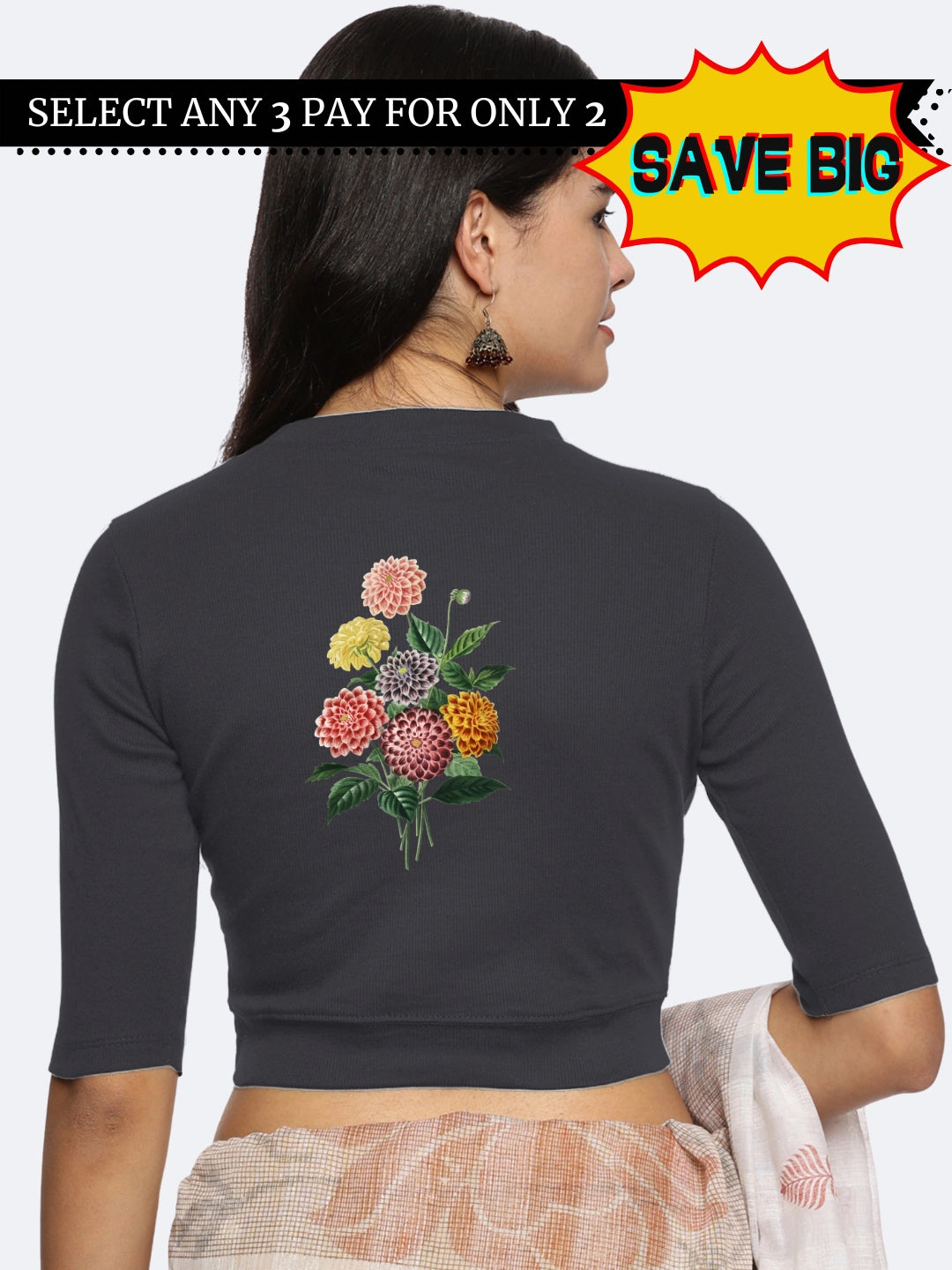 Women Back Printed Stretchable Elbow Sleeve RIB Blouse U0171 - notyetbyus