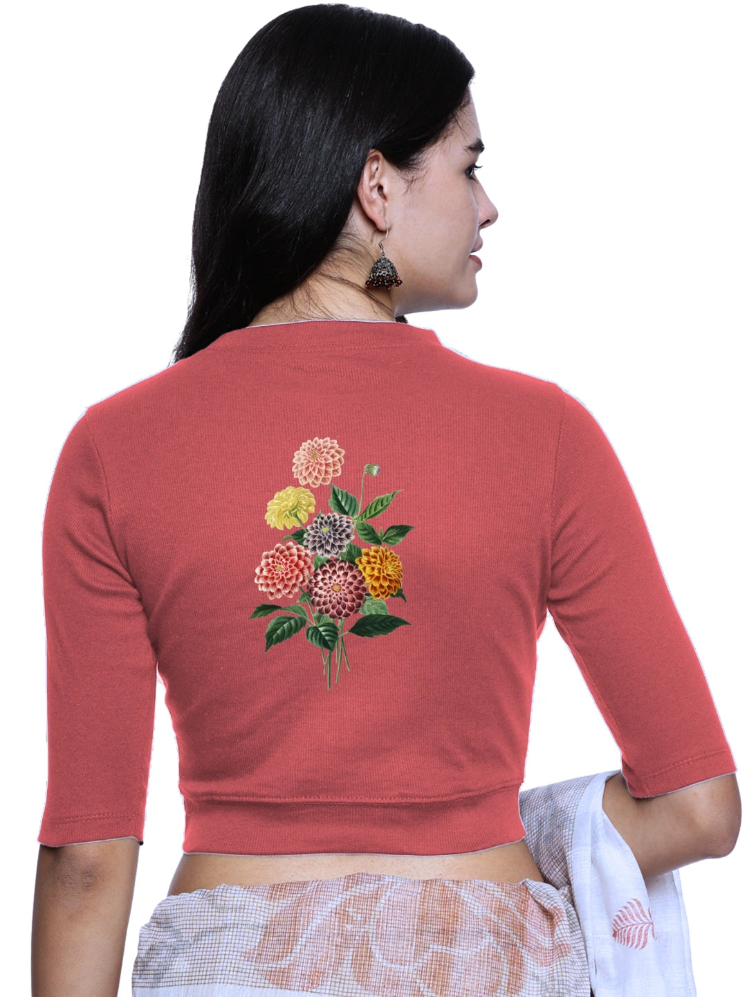 Women Back Printed Stretchable Elbow Sleeve RIB Blouse U0171 - notyetbyus