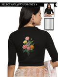 Women Back Printed Stretchable Elbow Sleeve RIB Blouse U0171 Black
