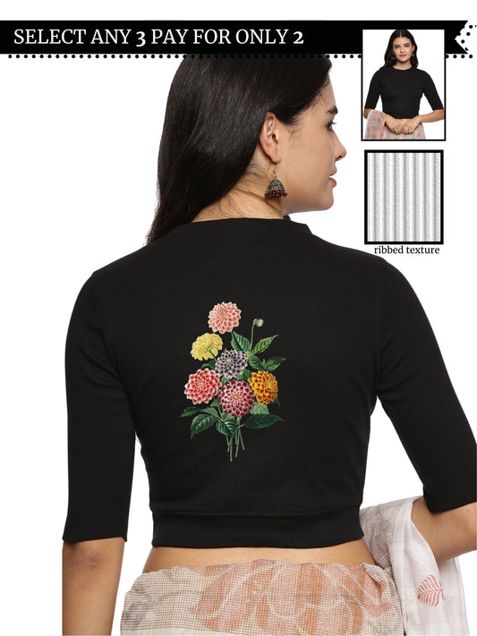 Women Back Printed Stretchable Elbow Sleeve RIB Blouse U0171 Black