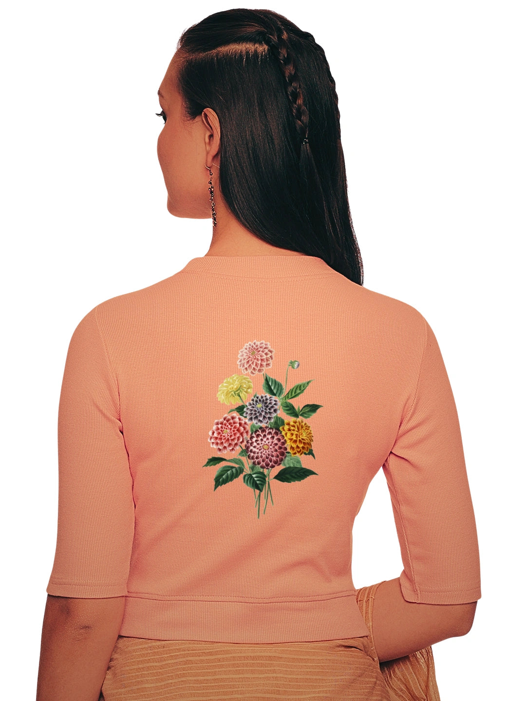 Women Back Printed Stretchable Elbow Sleeve RIB Blouse U0171 - notyetbyus