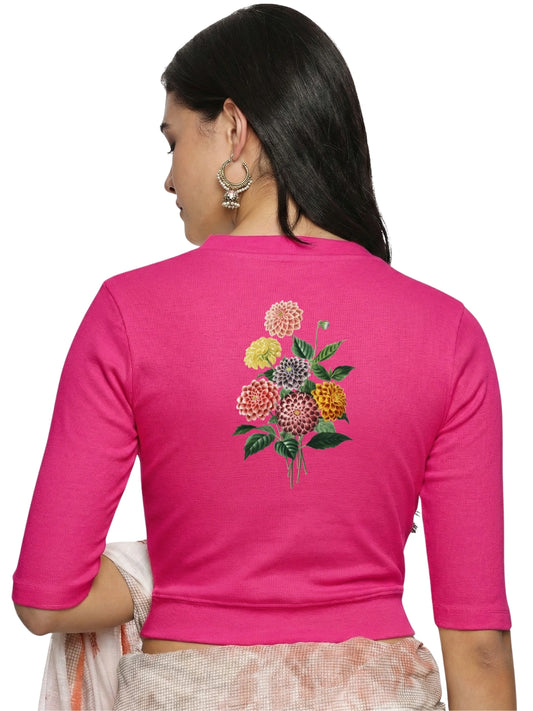 Women Back Printed Stretchable Elbow Sleeve RIB Blouse U0171 Rani Pink