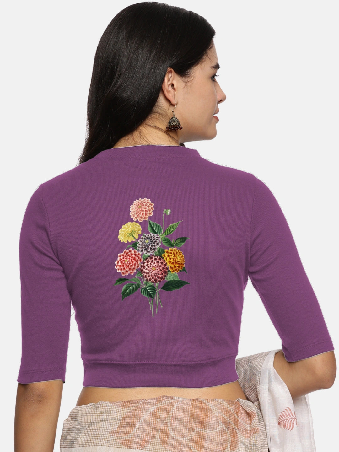 Women Back Printed Stretchable Elbow Sleeve RIB Blouse U0171 - notyetbyus