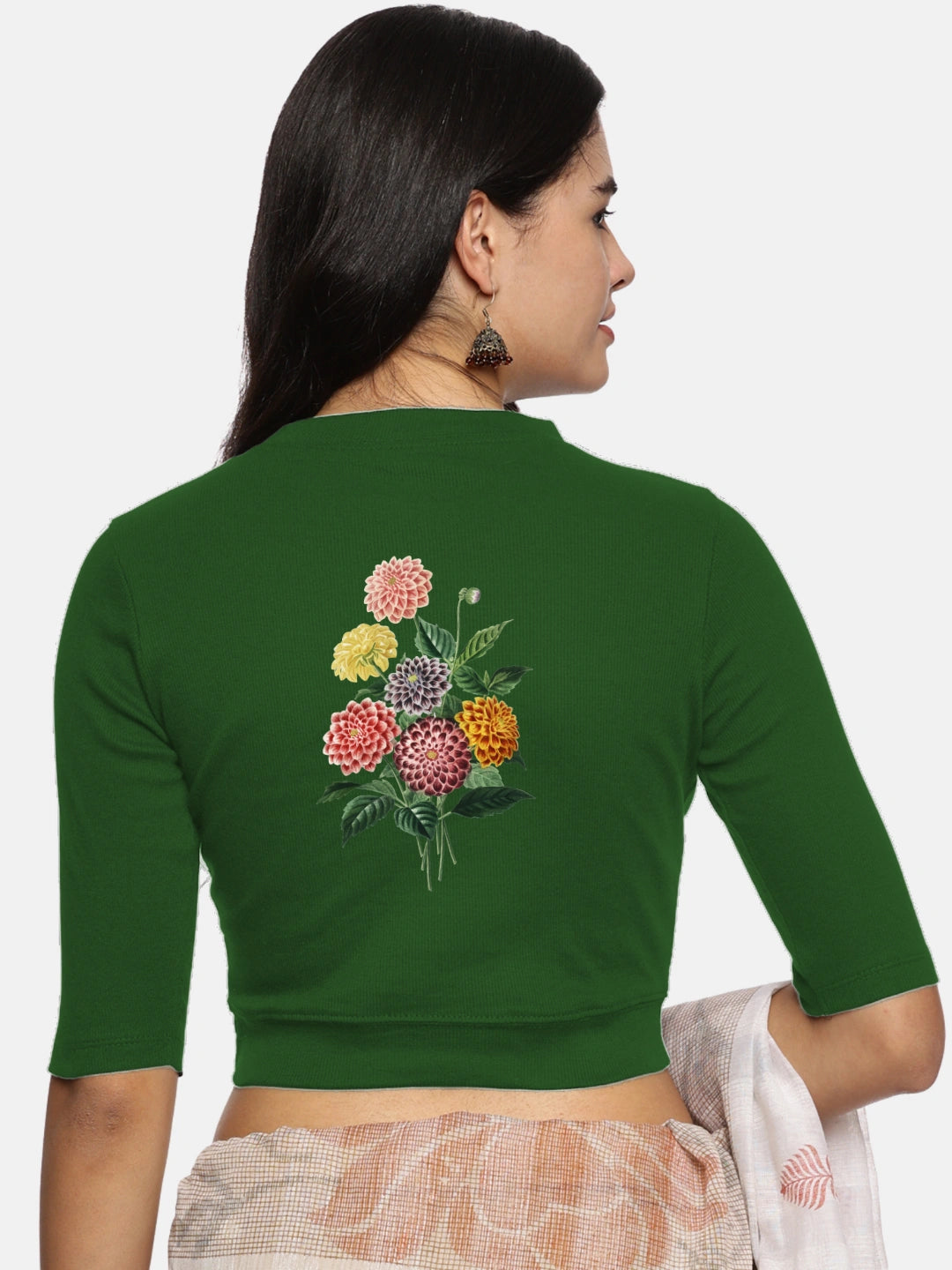 Women Back Printed Stretchable Elbow Sleeve RIB Blouse U0171 - notyetbyus