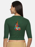 Women Back Printed Stretchable Elbow Sleeve RIB Blouse U0172 Bottle Green
