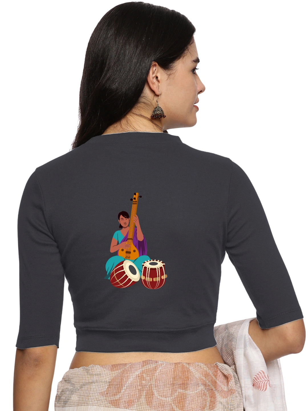 Women Back Printed Stretchable Elbow Sleeve RIB Blouse U0172 - notyetbyus