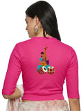 Women Back Printed Stretchable Elbow Sleeve RIB Blouse U0172 Rani Pink