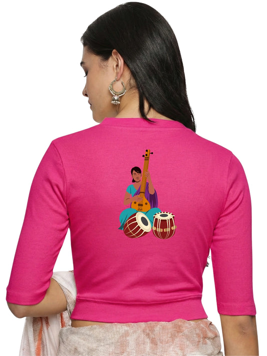 Women Back Printed Stretchable Elbow Sleeve RIB Blouse U0172 Rani Pink