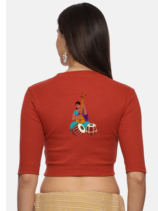 Women Back Printed Stretchable Elbow Sleeve RIB Blouse U0172 Rust