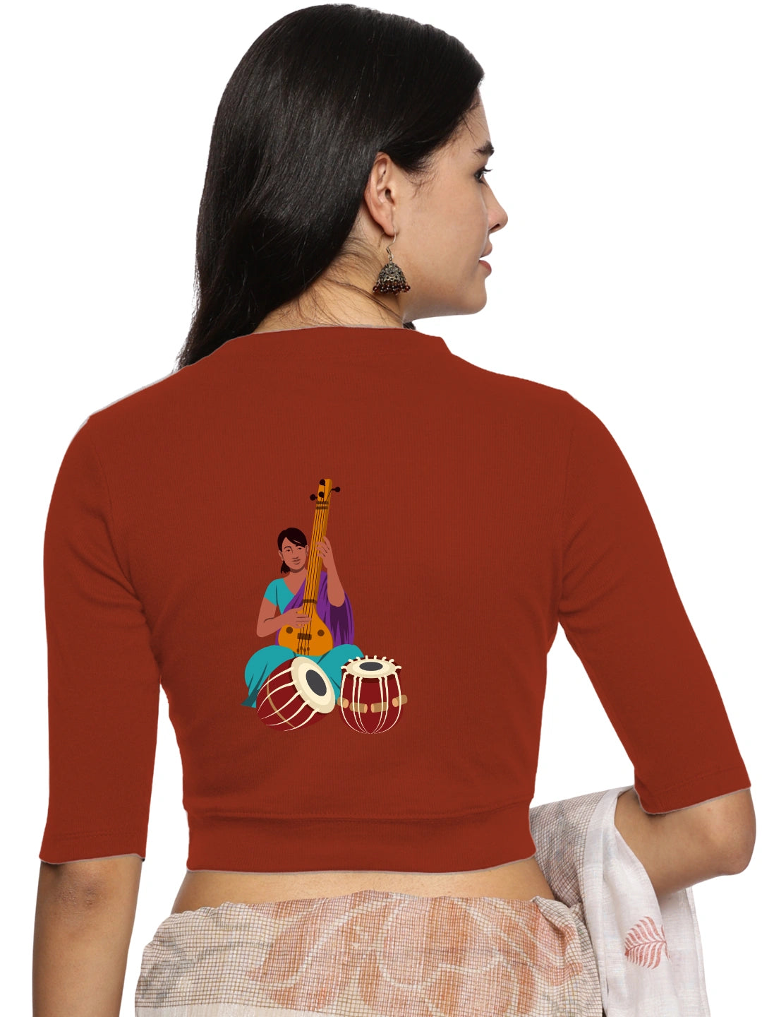 Women Back Printed Stretchable Elbow Sleeve RIB Blouse U0172 - notyetbyus