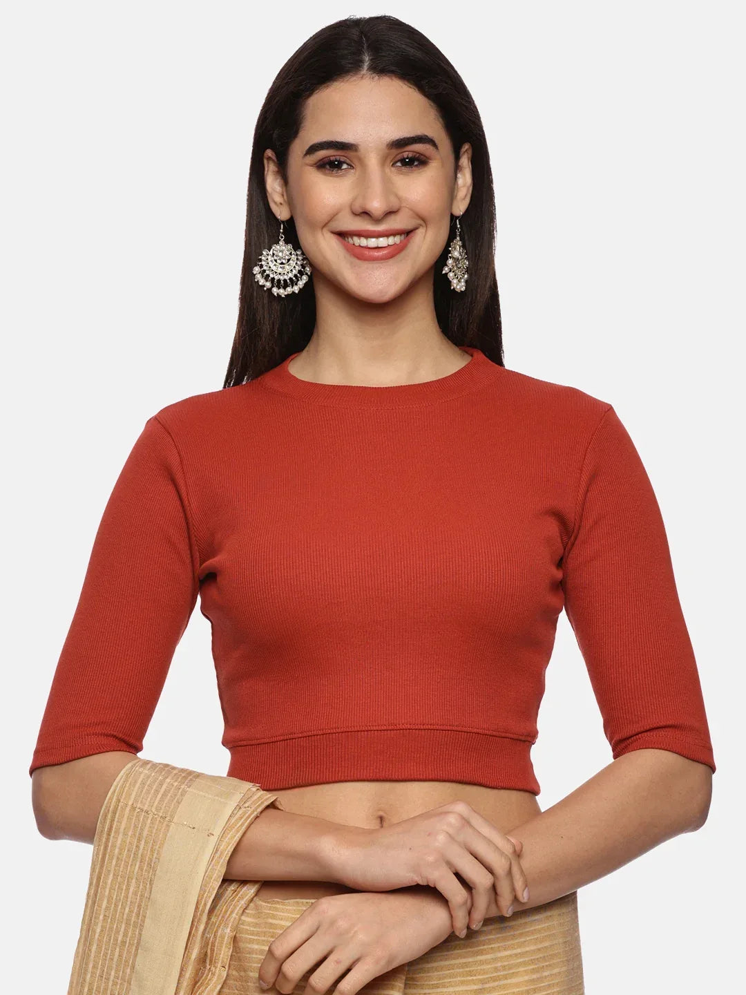 Women Plain Stretchable Elbow Sleeve RIB Blouse U0121 - notyetbyus