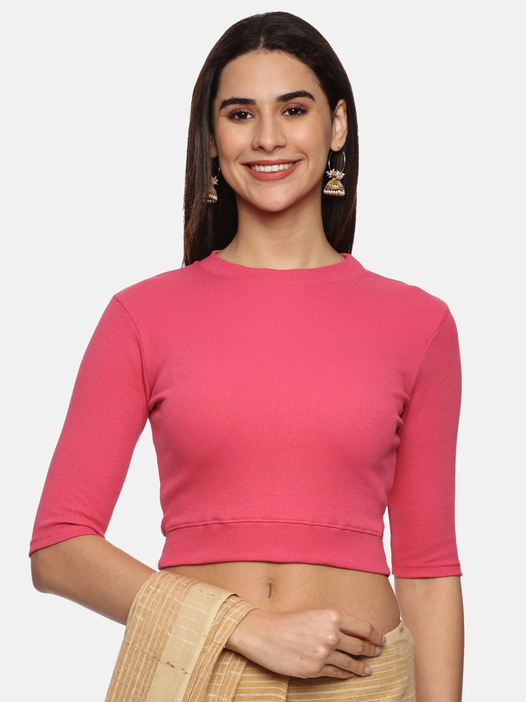 Women Plain Stretchable Elbow Sleeve RIB Blouse U0121