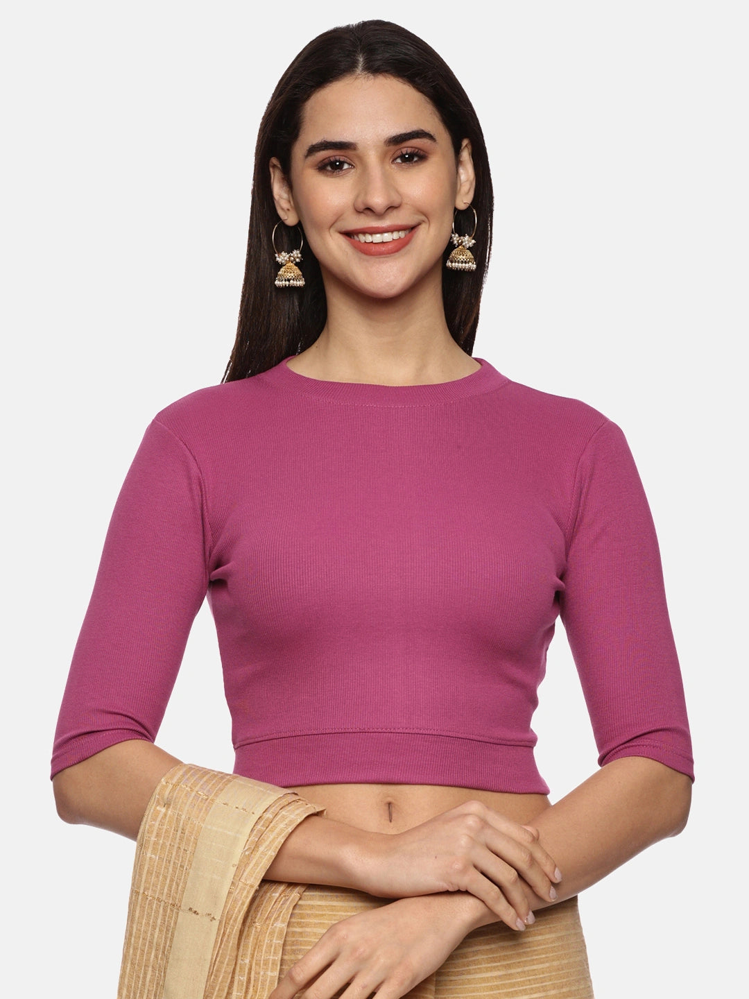 Women Plain Stretchable Elbow Sleeve RIB Blouse U0121