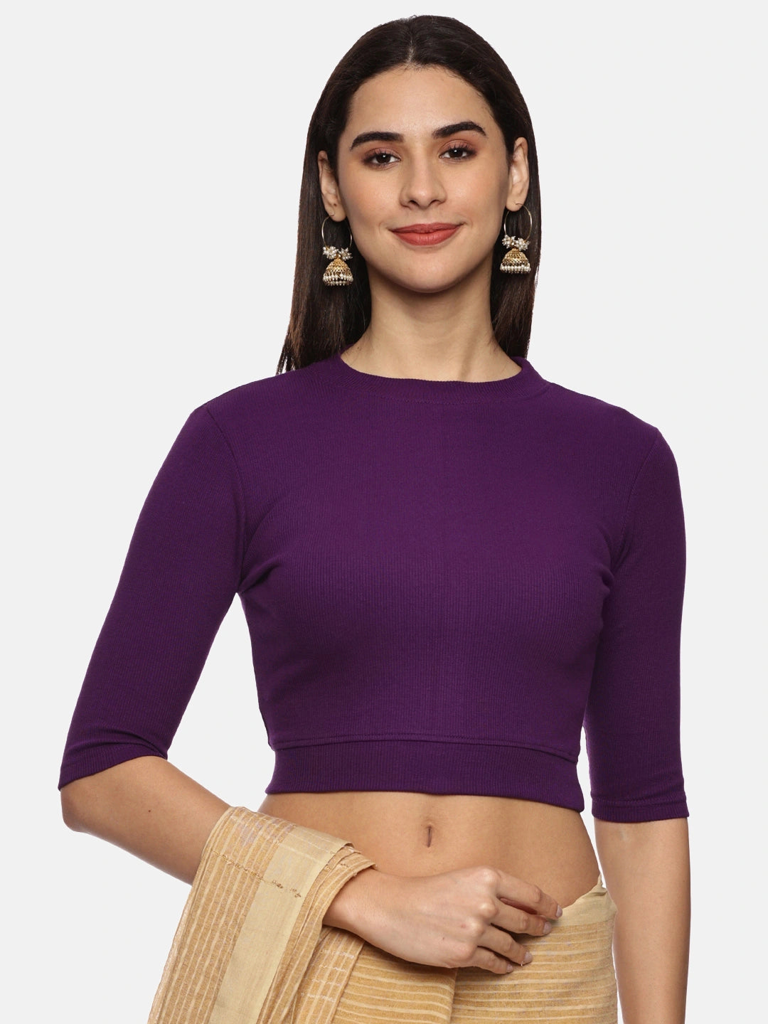 Women Plain Stretchable Elbow Sleeve RIB Blouse U0121