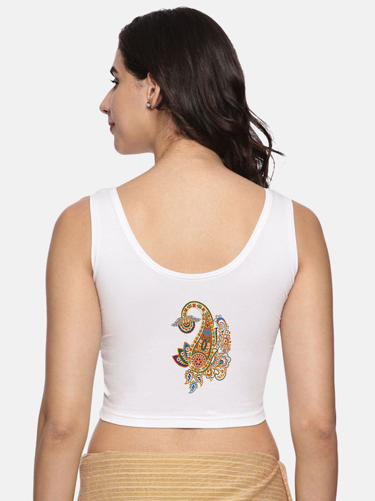 Women Sleeveless Back Printed Stretchable  Blouse U0203 White