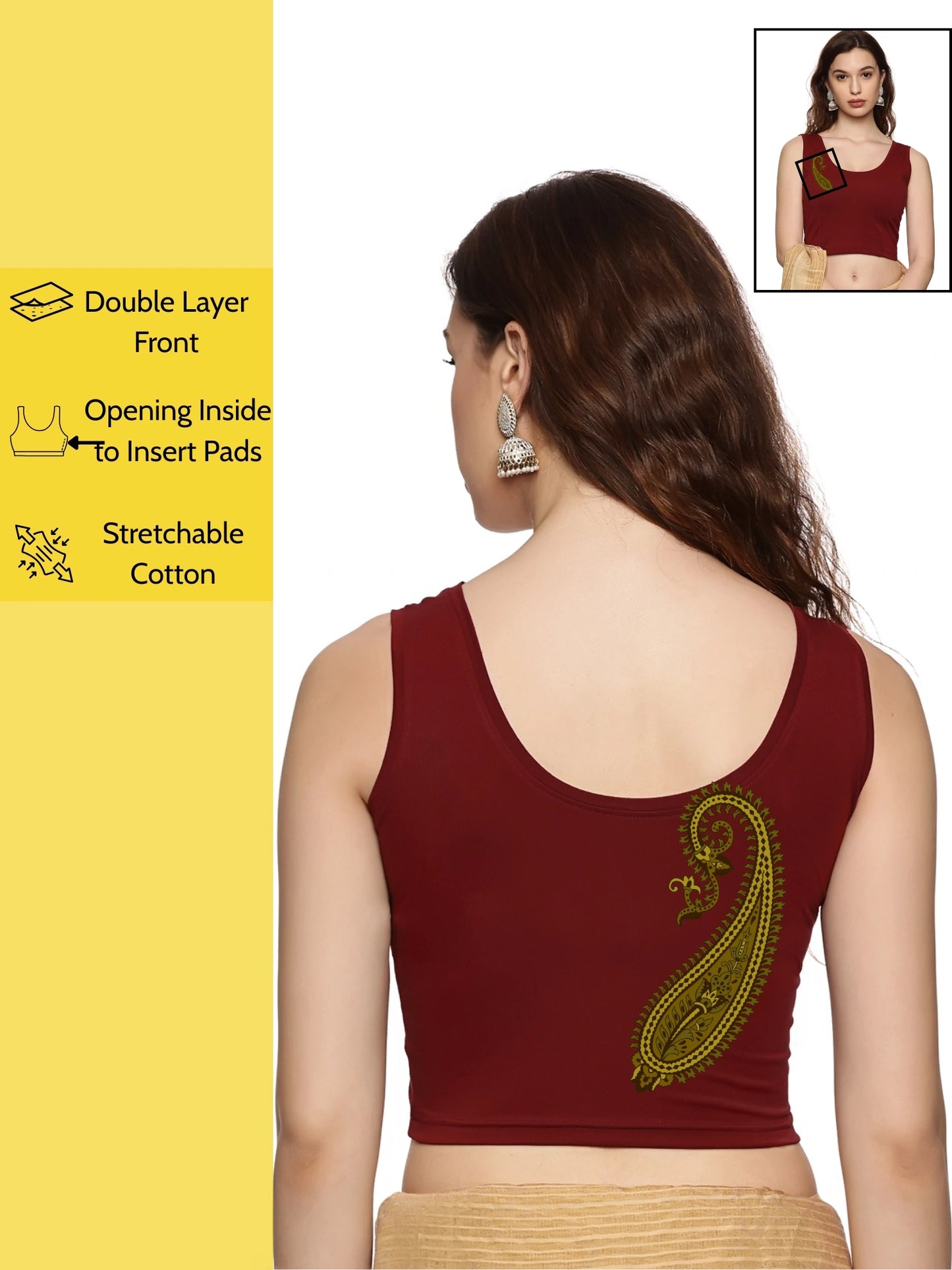 Women Sleeveless Back Printed Stretchable  Blouse U0204 Maroon