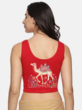 Women Sleevless Back Printed Stretchable  Blouse U0206 Red