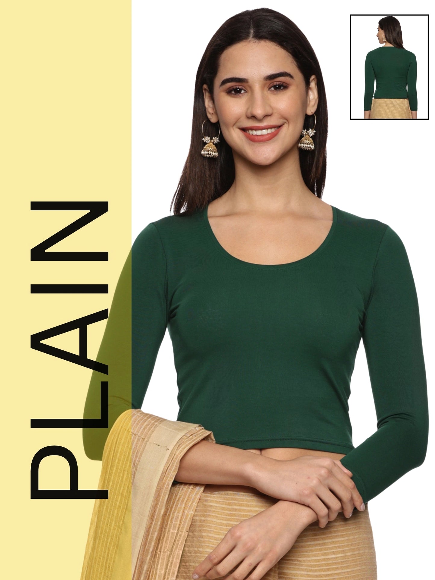 Women Three Fourth Sleeve Plain Stretchable Blouse U0101 Bottle Green