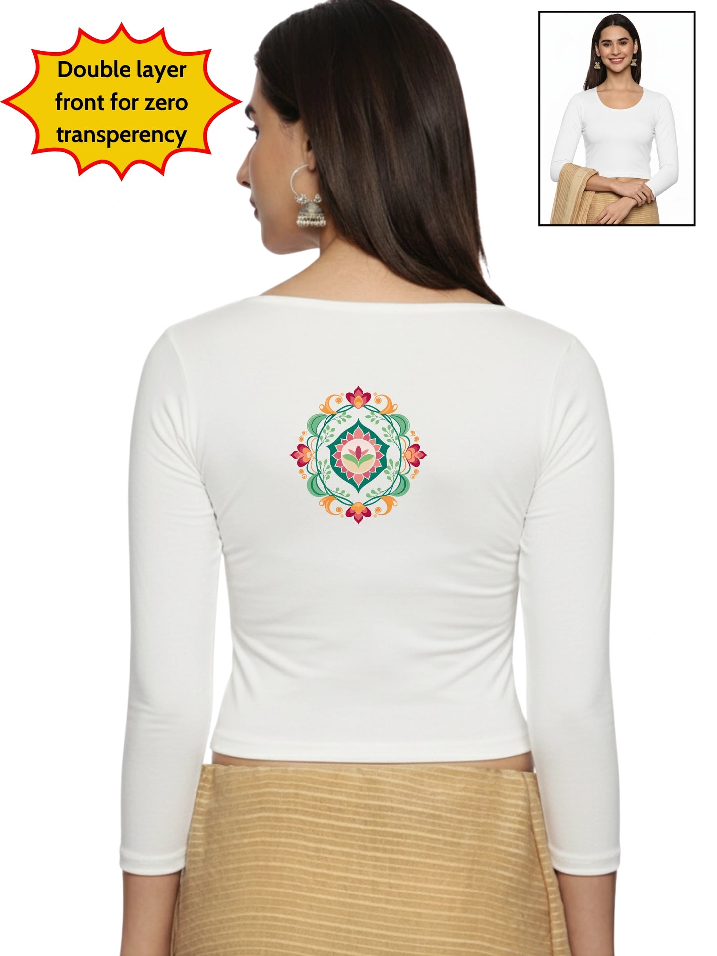 Women Three Fourth Sleeve Back Print Stretchable Blouse U0104 White