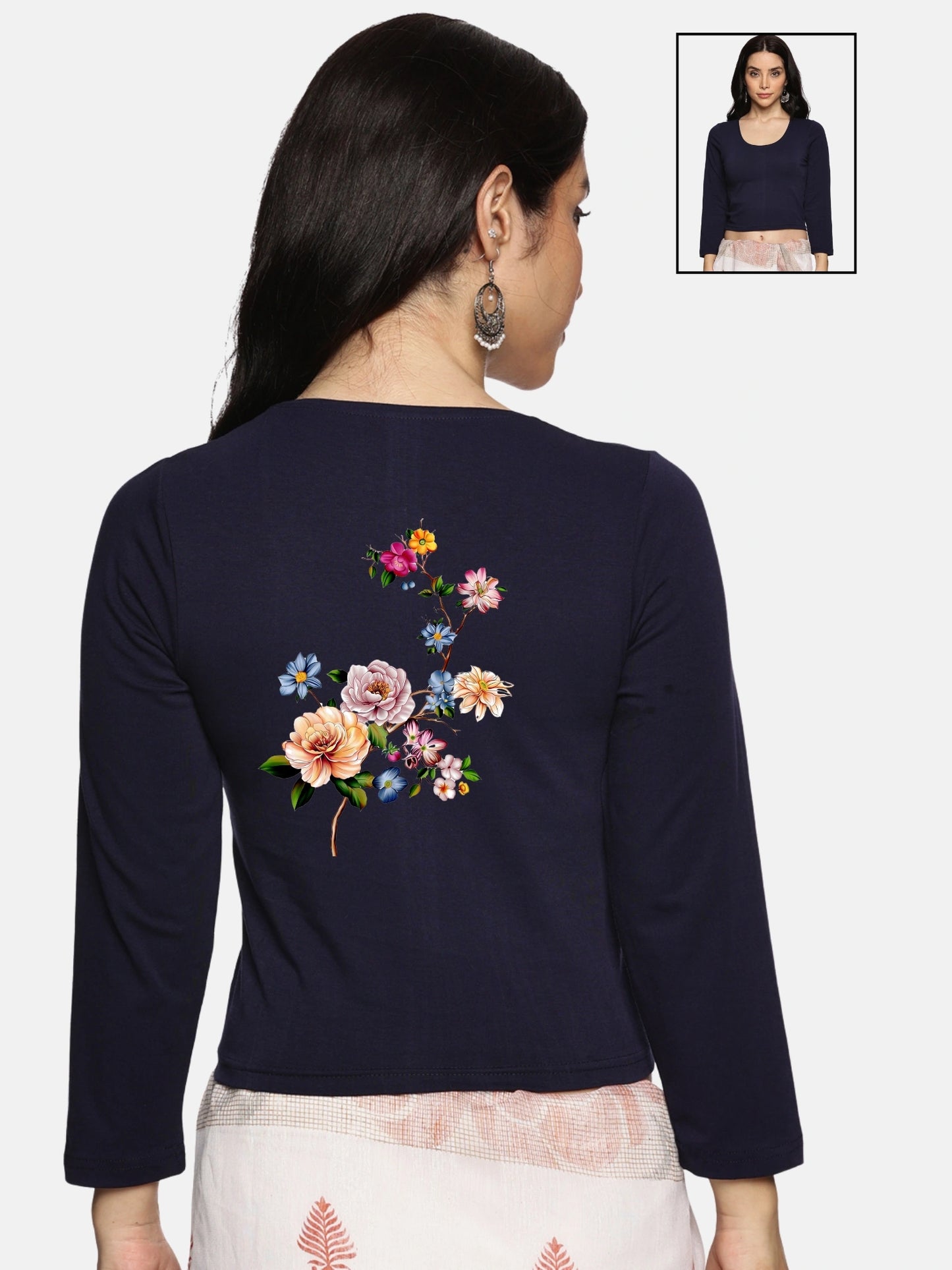 Women Three Fourth Sleeve Back Print Stretchable Blouse U0106 Navy