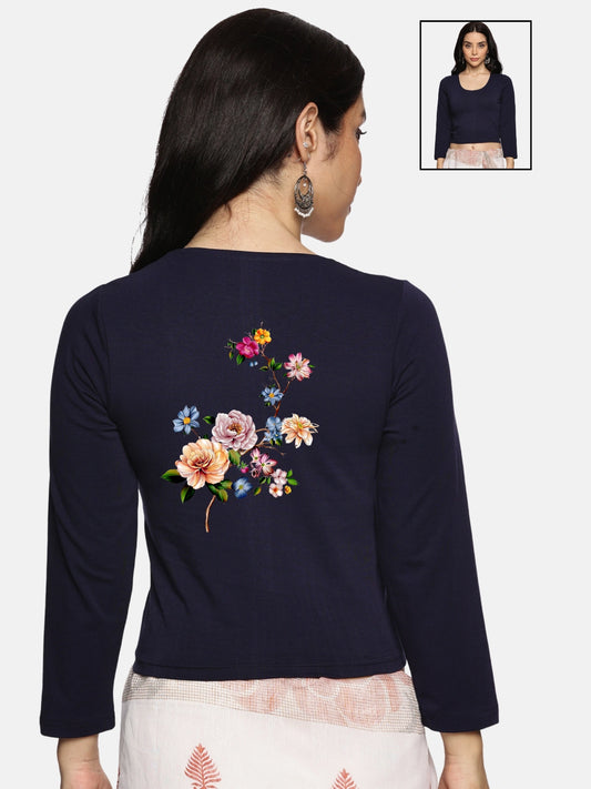 Women Three Fourth Sleeve Back Print Stretchable Blouse U0106 Navy