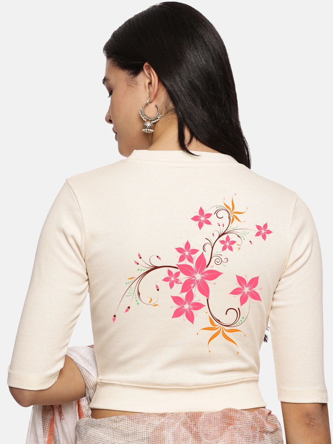 Women Back Printed Stretchable Elbow Sleeve RIB Blouse U0113 - notyetbyus