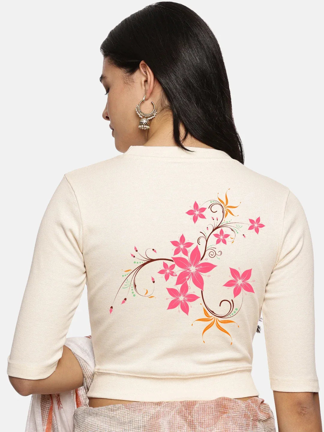 Women Back Printed Stretchable Elbow Sleeve RIB Blouse U0113 - notyetbyus