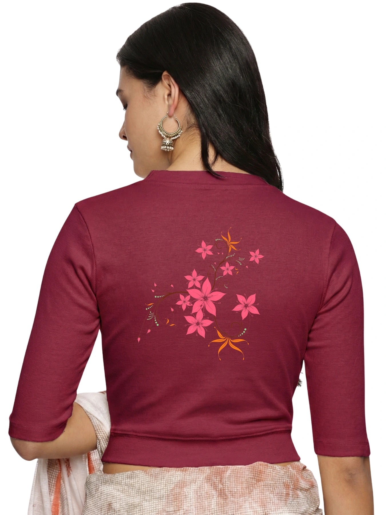 Women Back Printed Stretchable Elbow Sleeve RIB Blouse U0113 Wine Pink