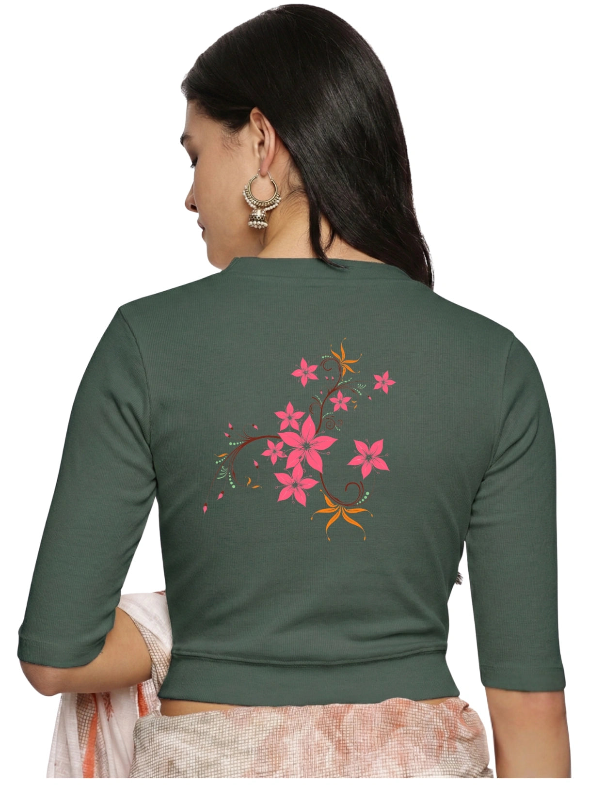 Women Back Printed Stretchable Elbow Sleeve RIB Blouse U0113 Khaki Green