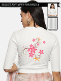 Women Back Printed Stretchable Elbow Sleeve RIB Blouse U0113 White