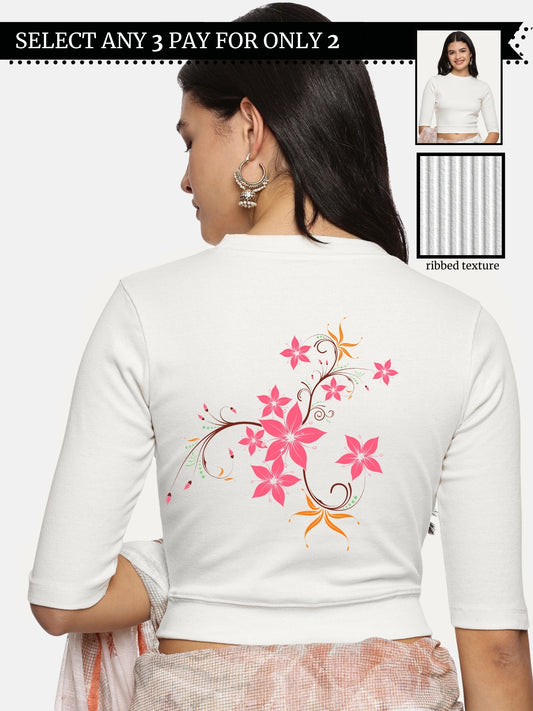 Women Back Printed Stretchable Elbow Sleeve RIB Blouse U0113 White