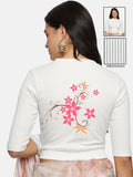 Women Back Printed Stretchable Elbow Sleeve RIB Blouse U0113 White