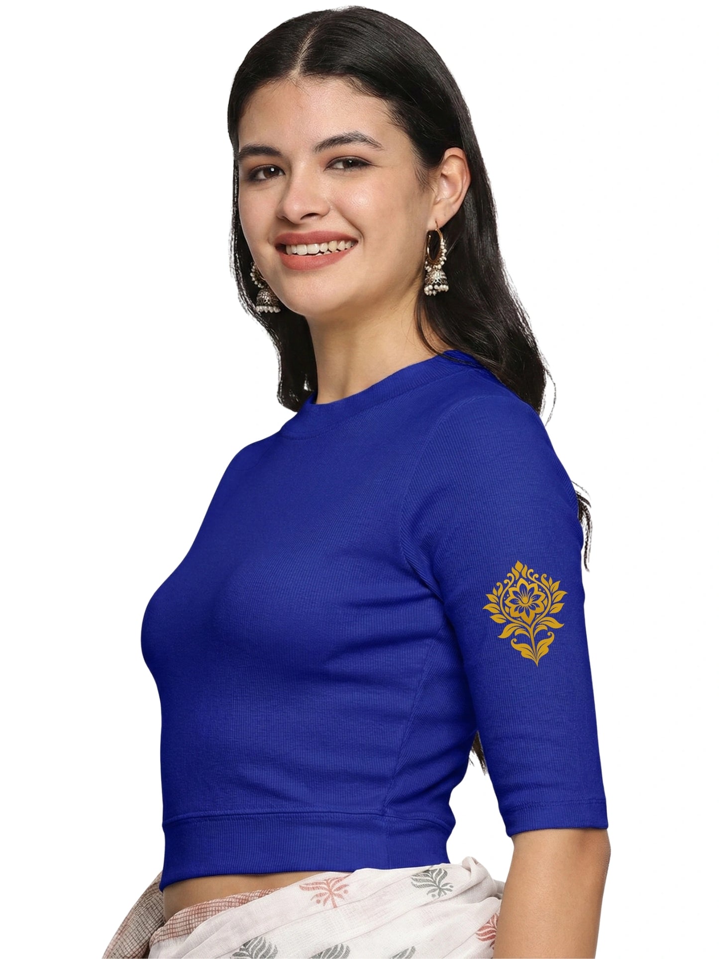 Women Back Printed Stretchable Elbow Sleeve RIB Blouse U0116 Royal Blue