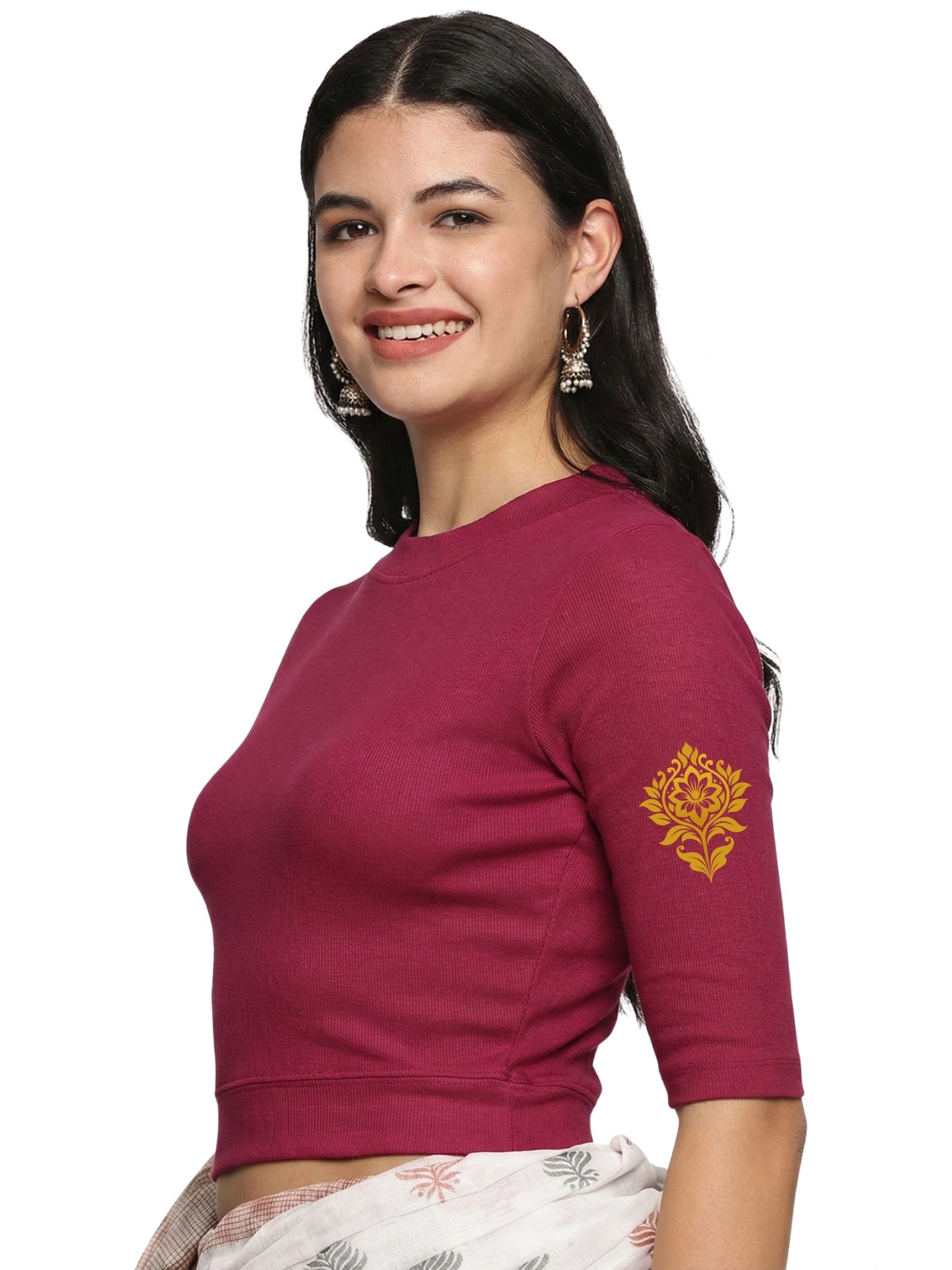 Women Back Printed Stretchable Elbow Sleeve RIB Blouse U0116 Wine Pink
