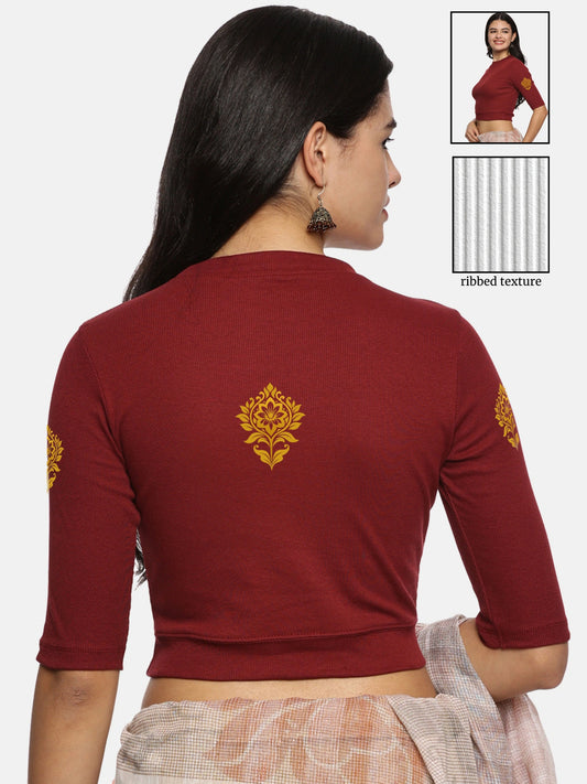 Women Back Printed Stretchable Elbow Sleeve RIB Blouse U0116 Maroon