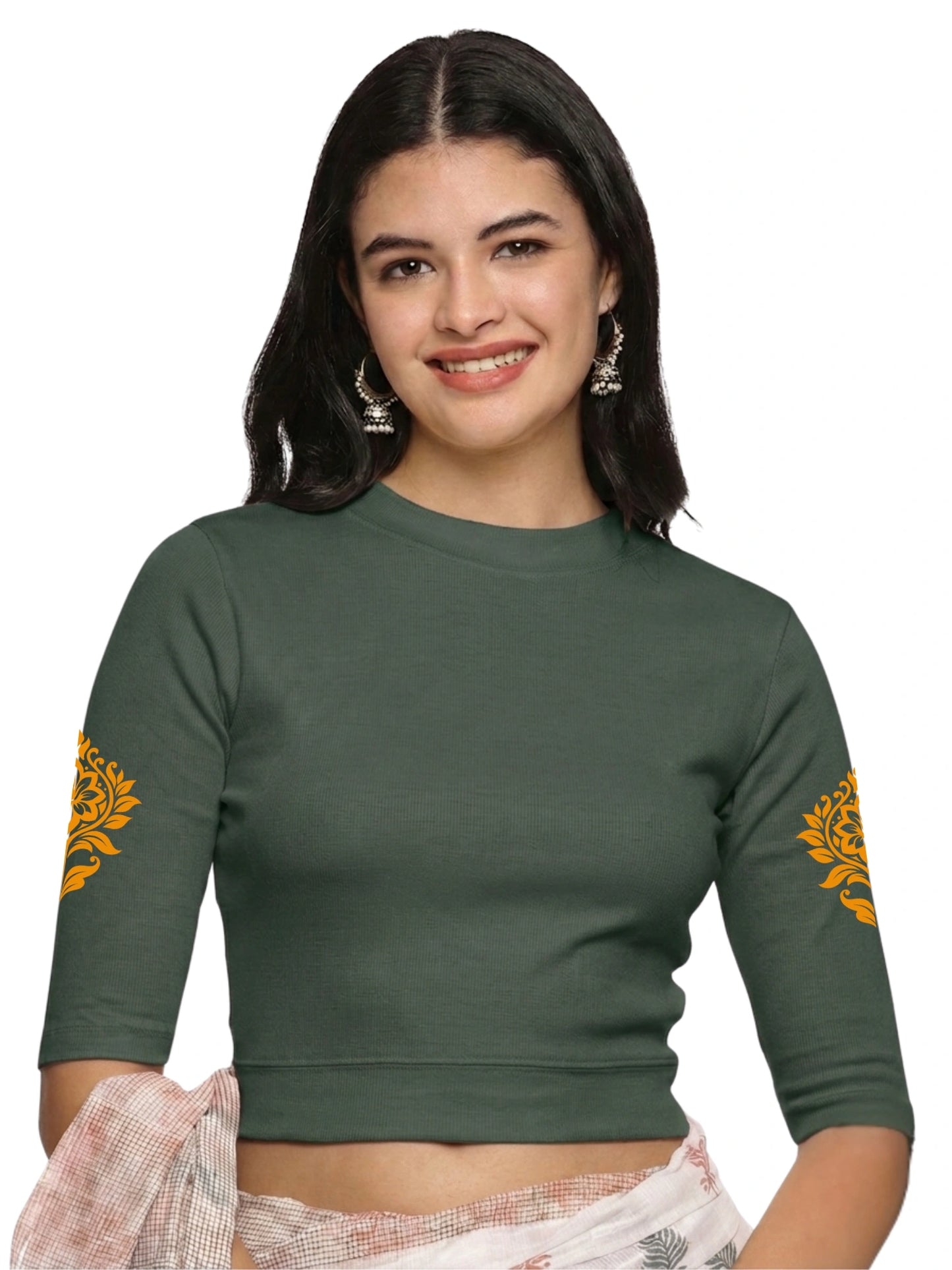 Women Back Printed Stretchable Elbow Sleeve RIB Blouse U0116 Khaki Green