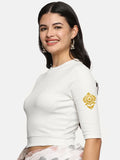Women Back Printed Stretchable Elbow Sleeve RIB Blouse U0116 White