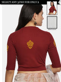 Women Back Printed Stretchable Elbow Sleeve RIB Blouse U0116 Maroon