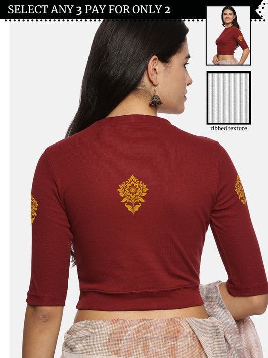 Women Back Printed Stretchable Elbow Sleeve RIBBED Blouse U0116 Maroon