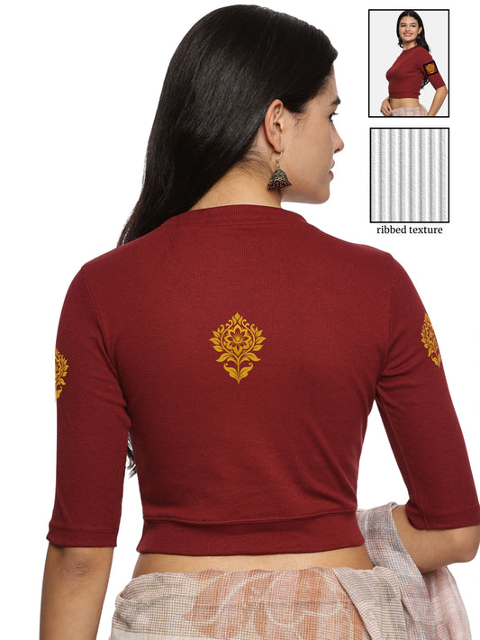 Women Back Printed Stretchable Elbow Sleeve RIB Blouse U0116 Maroon