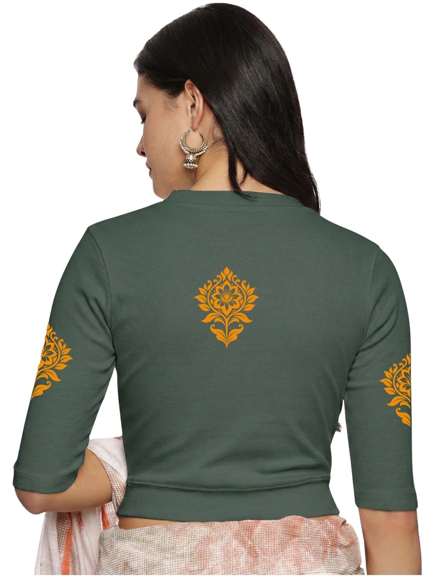 Women Back Printed Stretchable Elbow Sleeve RIB Blouse U0116 Khaki Green