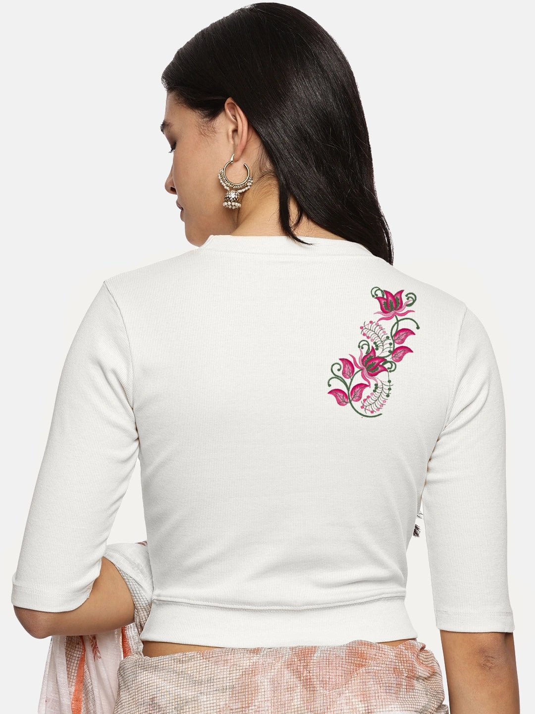 Women Back Printed Stretchable Elbow Sleeve RIB Blouse U0117 - notyetbyus